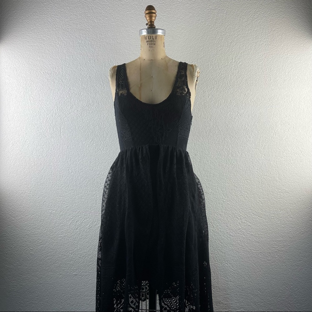 Free People l S Retro Black Gold Sparkle Scallop Lace Overlay Pencil Skirt Dress
